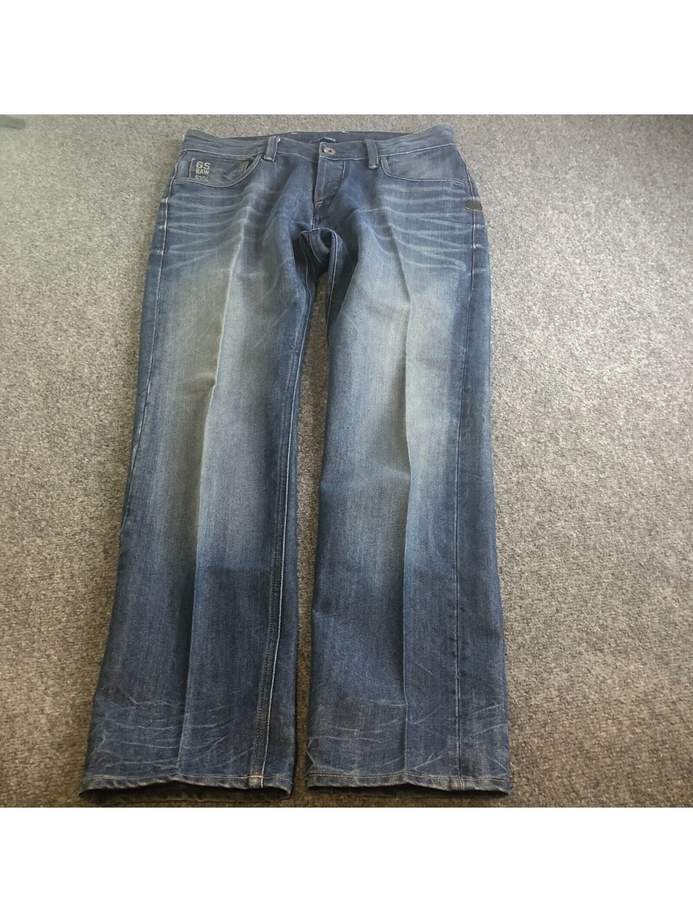 G-Star Raw Jeans Mens 34x31 Blue Pleated Front Button Fly Faded Slim Straight